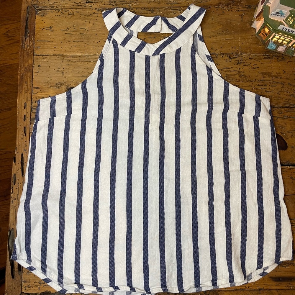 Blue and White Beachy Striped Sleeveless Tank Top Cotton Size Small